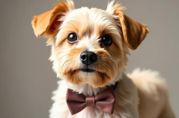 Yorkshire terrier closeup. Puppy with red bow. Groomed dog portrait. Elegant pet.