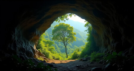 View From a Cave Opening of a Lush Green Forest Landscape