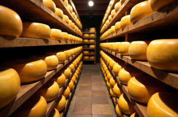 Cheese aging cellar. Cheese storage. Cheese wheels on shelves. Dairy production.