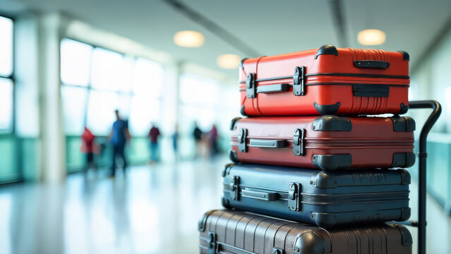 Suitcases in terminal. Travel baggage. Airport background. - Powered by Adobe