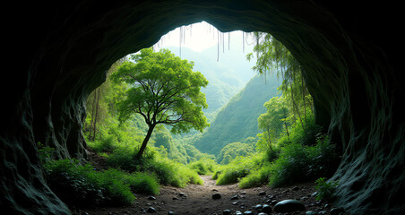 View From a Cave Opening of a Lush Green Forest Landscape