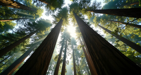 Majestic Redwood Forest Illuminated by Sunbeams on a Clear Morning