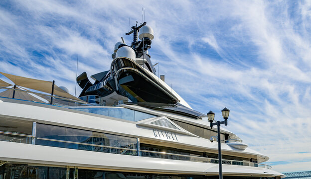 New Orleans, LA, USA - February 1, 2025: Midsection of Superyacht "Kismet," Owned by Shahid Khan, Owner of Jacksonville Jaguars and Fulham F. C. Docked in the Mississippi River for Superbowl LIX
