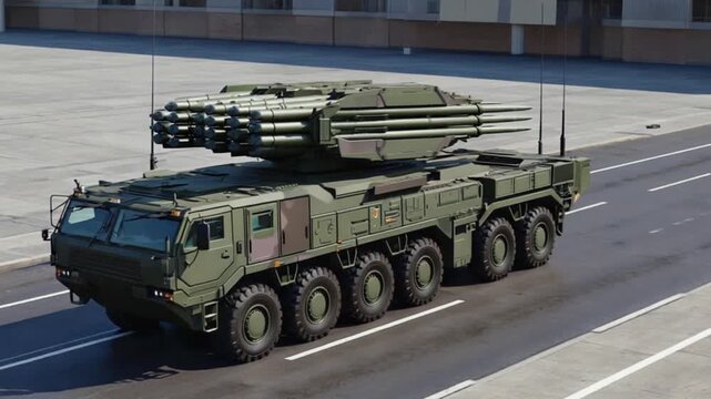 Military vehicle with missile launcher driving on a city street, showcasing urban environment