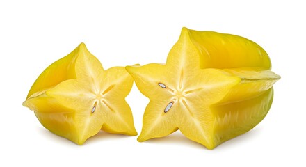 Fototapeta premium Two halves of a yellow star fruit with seeds visible on a white surface in a studio shot view ai generative