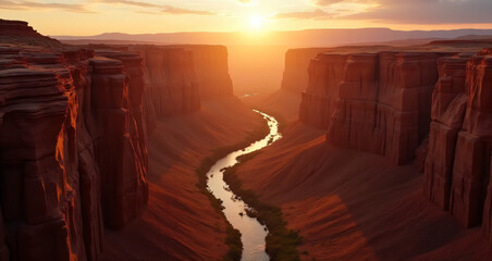 Sunlit Canyon Landscape With Meandering River in Warm Golden Light