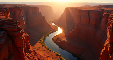Sunlit Canyon Landscape With Meandering River in Warm Golden Light