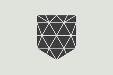 A geometric shield design featuring triangular patterns in dark gray against a light gray background