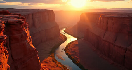 Sunlit Canyon Landscape With Meandering River in Warm Golden Light