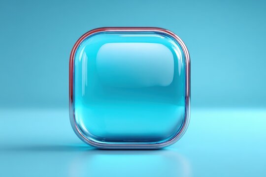 Blue square button graphic with rounded corners, isolated on white background, shiny 3d render element for app ui and web design