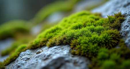 Macro Shot of Bright Green Moss and a Water Droplet on Rocky Surface