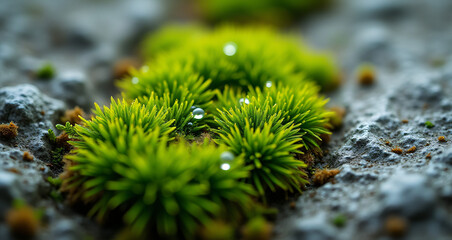 Macro Shot of Bright Green Moss and a Water Droplet on Rocky Surface