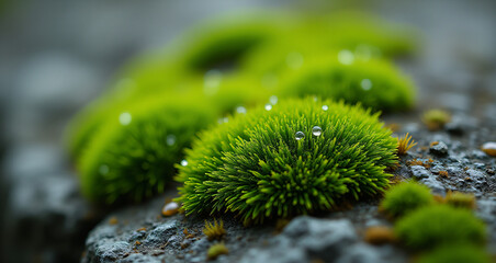 Macro Shot of Bright Green Moss and a Water Droplet on Rocky Surface