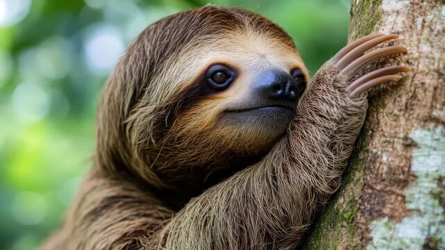 A brown sloth hanging from a tree branch in the lush tropical forest.