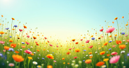 Vibrant Wildflower Meadow Under a Clear Blue Sky in Bright Sunshine