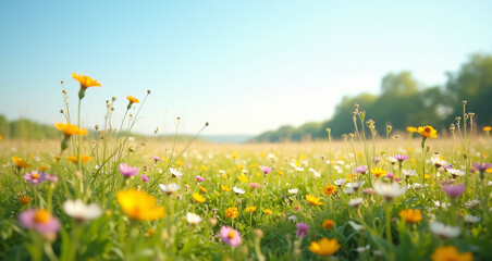 Vibrant Wildflower Meadow Under a Clear Blue Sky in Bright Sunshine