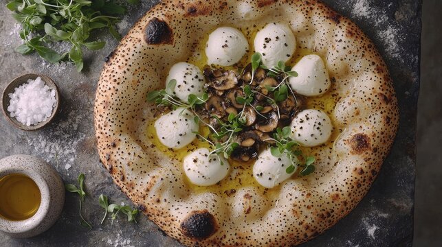 Gourmet truffle oil flatlay pizza featuring mozzarella pearls, sautГ©ed mushrooms and microgreens on bubbled artisanal crust with herbs and salt