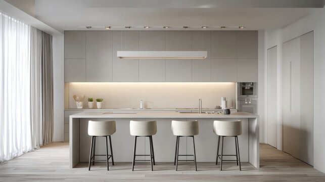 greige minimal kitchen, island with bar stools, soft indirect light, clean neutral tones, cozy modern layout