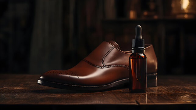 Luxurious brown leather oxford shoe with a bottle of shoe polish and brush on a wooden surface with dark background