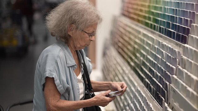 An elderly woman examines paint samples at a hardware store, deciding on colors for her home restoration project while shopping for decorating supplies.