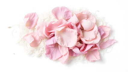 Obraz premium Delicate pile of soft pink rose petals on a white background