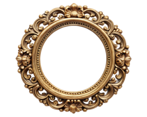 Ornate gold oval picture frame with decorative carvings isolated on transparent background