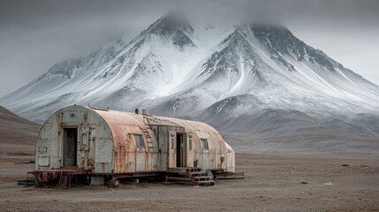 Naklejka premium abandoned arctic research station near melting glaciers, rusting equipment, melting terrain 