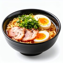 Delicious ramen bowl showcasing rich broth, tender pork, and soft boiled eggs on white background