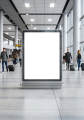 A blank digital billboard stands prominently in a busy airport terminal with blurred passengers, offering prime advertising space for travel or services.