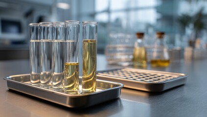 Precise scientific analysis with clear liquids in laboratory test tubes on a sterile metal surface