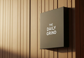 A sleek "THE DAILY GRIND" sign mounted on a modern wooden wall, representing a brand identity for a coffee shop or a business in a contemporary setting.