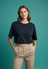 A stylish woman in a navy blue t-shirt and beige trousers poses confidently against a vibrant teal background, showcasing modern and comfortable casual wear.