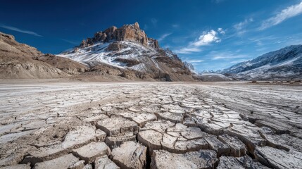 desert encroaching on former glacier area, dry cracked earth and shrinking ice