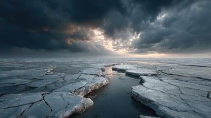 Fototapeta premium dramatic scene of melting glaciers under a cloudy sky, cracks forming in the ice, global warming concept