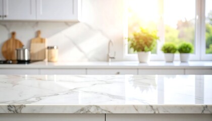 Empty white marble countertop with a shiny, polished surface, set against a blurred modern kitchen background with bright morning sunlight from a window. Ideal for product display and mockups.