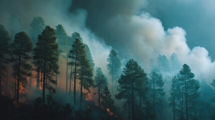 Fototapeta premium forest burning due to extreme heat, thick smoke and ash clouds, climate disaster 