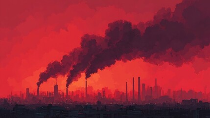 industrial skyline pumping black smoke into a red sky, global warming industrial cause