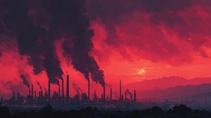 Obraz premium industrial skyline pumping black smoke into a red sky, global warming industrial cause