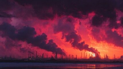 industrial skyline pumping black smoke into a red sky, global warming industrial cause