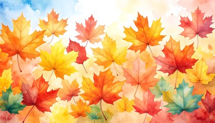 Vibrant watercolor autumn background with falling maple leaves in red, orange, and yellow. Hand-painted fall seasonal illustration with soft textures for Thanksgiving or nature-themed designs.