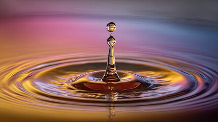 A water droplet impacting a surface, showcasing intricate ripples and vibrant colors.