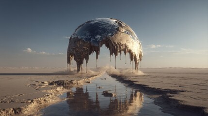 melting Earth globe dripping into an empty desert, surreal concept art 