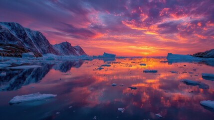 melting glacier in dramatic sunset light, vibrant colors reflecting off water and ice 