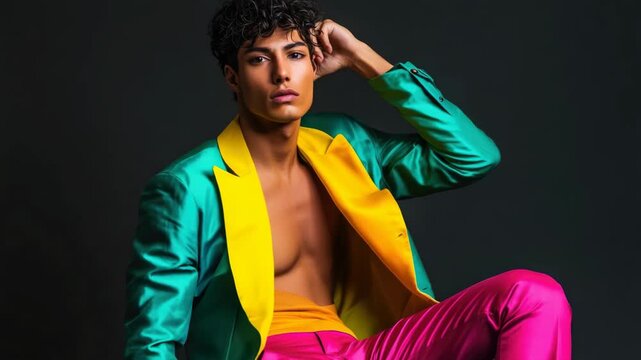 A modern male model showcasing a colorful androgynous fashion look. The outfit features bold rainbow colors with vibrant patterns.