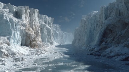 surreal melting glacier landscape, distorted ice forms, dramatic lighting, global warming theme 