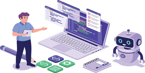 AI in programming. Programmer or prompt engineer use artificial intelligence generative tools for code writing, development. Science and technology concept