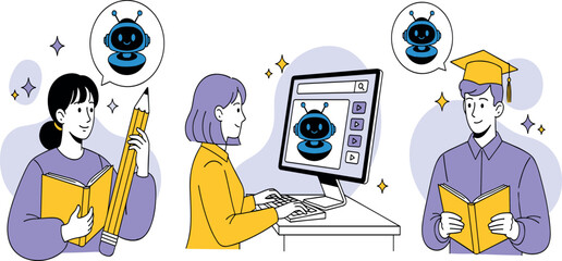 AI technology in education set. Robot assist teachers and students by lesson. Characters use artificial intelligence generative tools for learning, teaching, writing