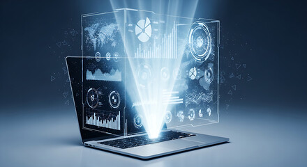 Laptop projecting a holographic display with charts and graphs on a blue background surface