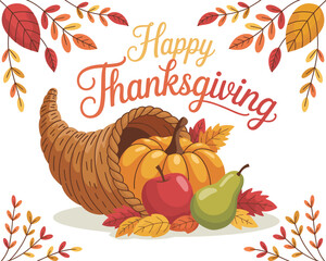A warm Thanksgiving greeting card design featuring a cornucopia, or horn of plenty, filled with autumn harvest produce.