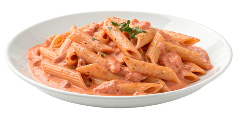 Penne allay Vodka pasta in a pink tomato cream sauce isolated on transparent background.